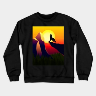 Minimalist Mountain Landscape, Wolf Howling at Red Sunset Crewneck Sweatshirt